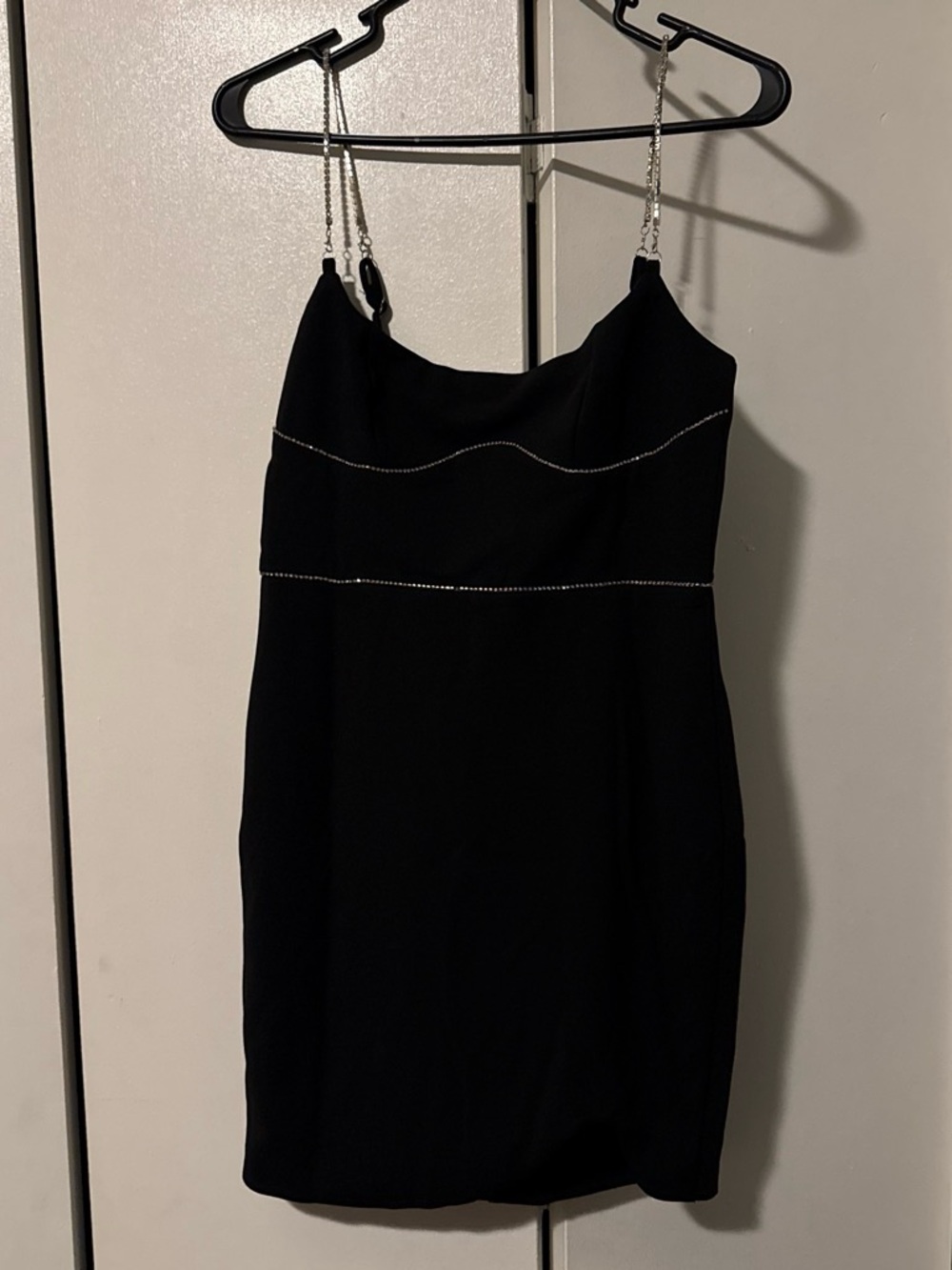 Hello Molly Black Mini Dress with Rhinestone Chain Straps
